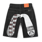 EVISU KURO Daicock Allover Logo Print & Ebisu God Appliqué Panel Denim Shorts Relaxed Fit Black