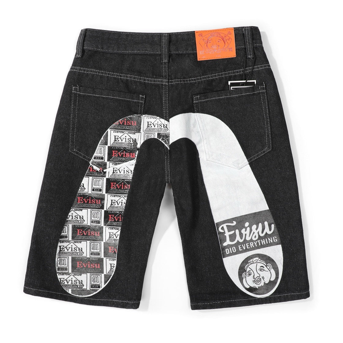 EVISU KURO Daicock Allover Logo Print & Ebisu God Appliqué Panel Denim Shorts Relaxed Fit Black