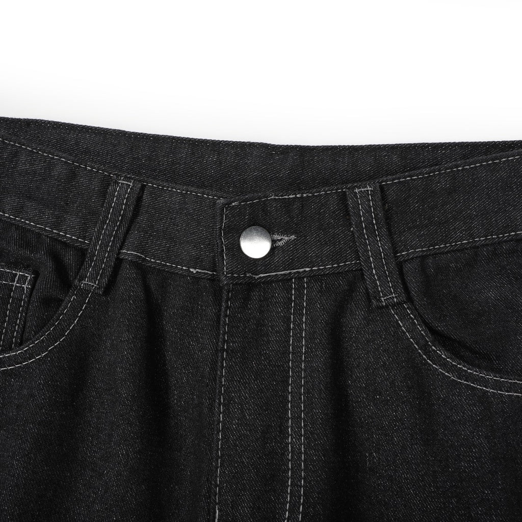 EVISU KURO Daicock Allover Logo Print & Ebisu God Appliqué Panel Denim Shorts Relaxed Fit Black