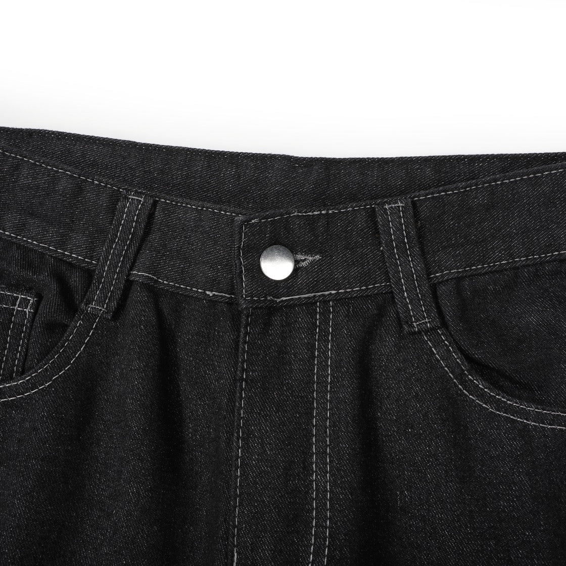 EVISU KURO Daicock Allover Logo Print & Ebisu God Appliqué Panel Denim Shorts Relaxed Fit Black
