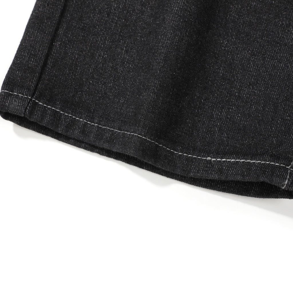 EVISU KURO Daicock Allover Logo Print & Ebisu God Appliqué Panel Denim Shorts Relaxed Fit Black
