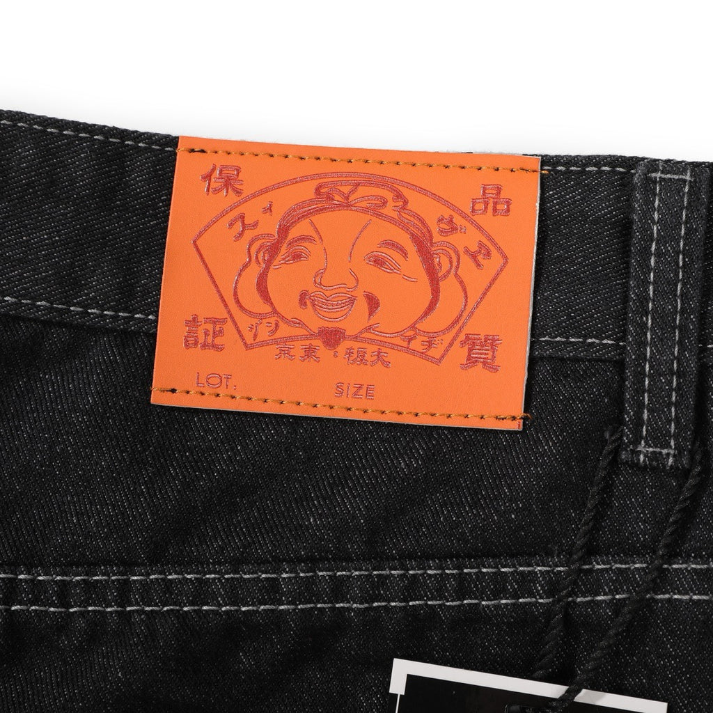 EVISU KURO Daicock Allover Logo Print & Ebisu God Appliqué Panel Denim Shorts Relaxed Fit Black