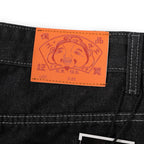 EVISU KURO Daicock Allover Logo Print & Ebisu God Appliqué Panel Denim Shorts Relaxed Fit Black