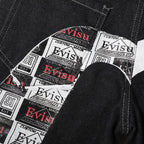 EVISU KURO Daicock Allover Logo Print & Ebisu God Appliqué Panel Denim Shorts Relaxed Fit Black