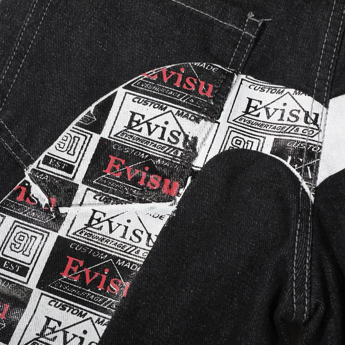 EVISU KURO Daicock Allover Logo Print & Ebisu God Appliqué Panel Denim Shorts Relaxed Fit Black