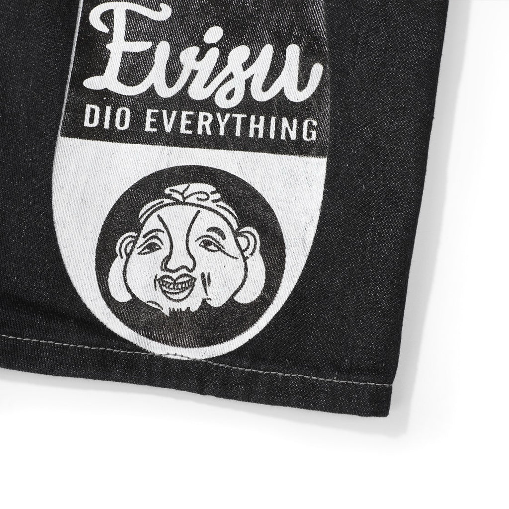 EVISU KURO Daicock Allover Logo Print & Ebisu God Appliqué Panel Denim Shorts Relaxed Fit Black