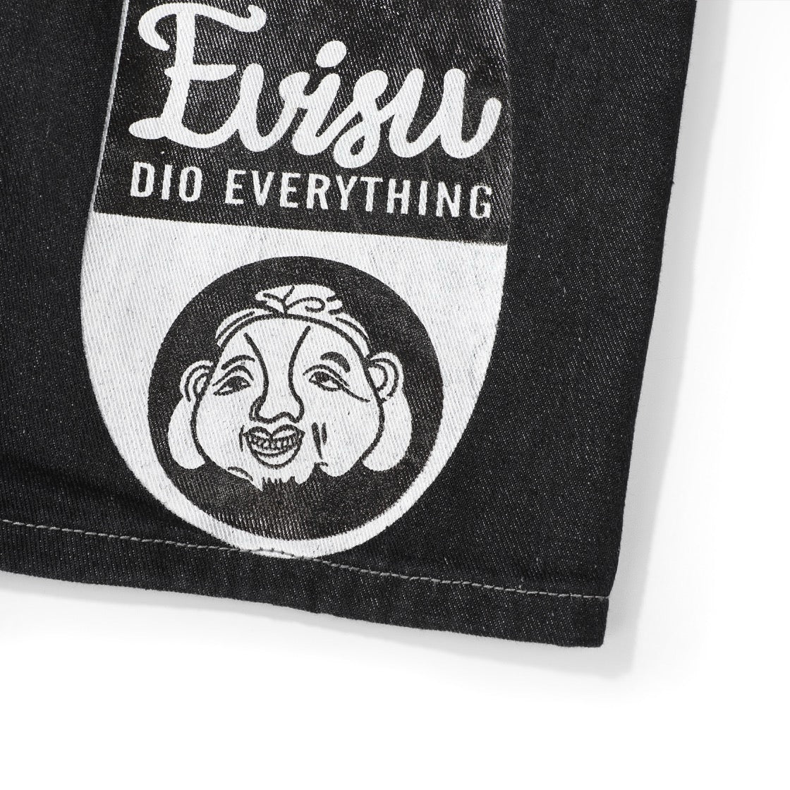 EVISU KURO Daicock Allover Logo Print & Ebisu God Appliqué Panel Denim Shorts Relaxed Fit Black