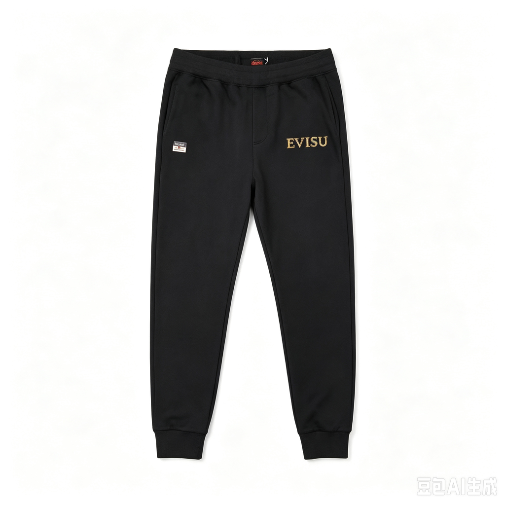 Evisu Kuro Pixel Patchwork Chenille M-Logo Gold Embroidery Jogger Sweatpants