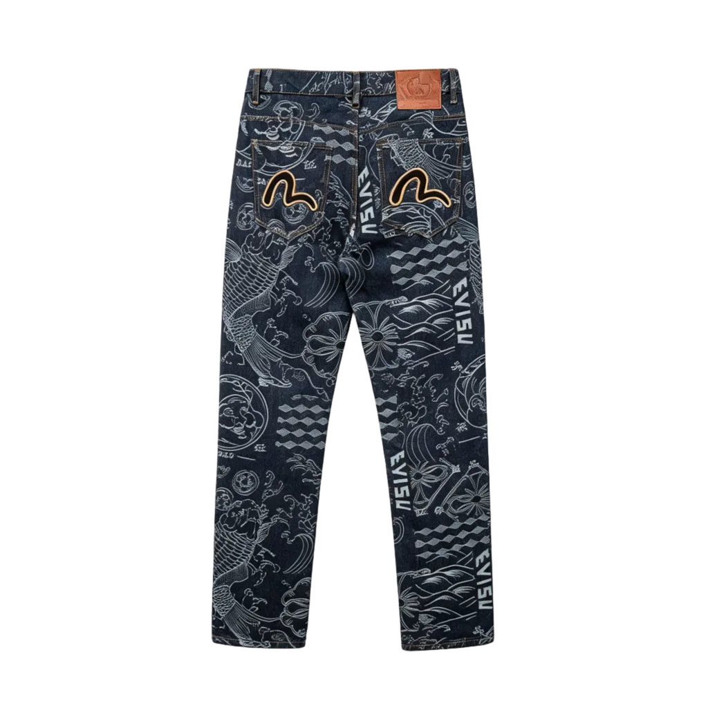 Evisu Kuro Wagara Allover Jacquard Print Seagull Logo Selvedge Jeans