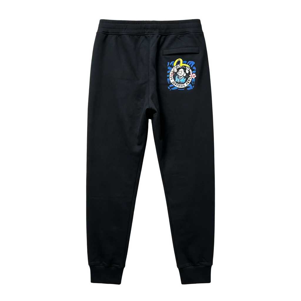 Evisu Kuro Hotei Fortune God Badge Jogger Sweatpants — Sport Italic Logo & Blue Leopard Camo