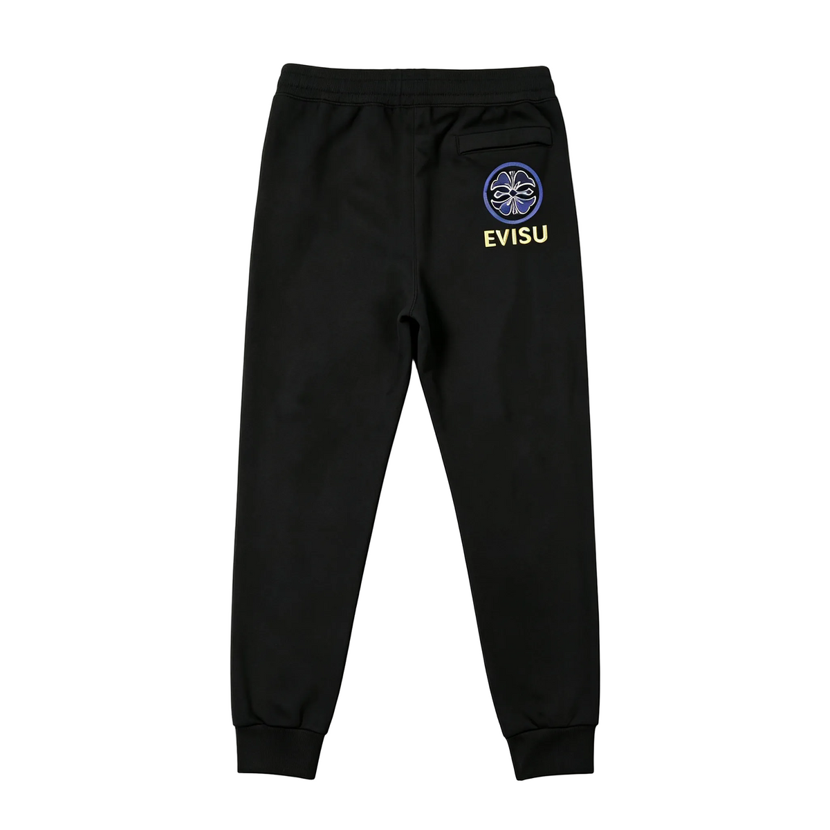 Evisu Kuro Kamon Crest Jogger Sweatpants — Triple Script Front & Blue Family Crest Back