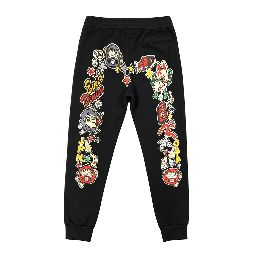 Evisu Kuro Denim Kitsune Daruma Sticker Collage M-Logo Graphic Jogger Sweatpants