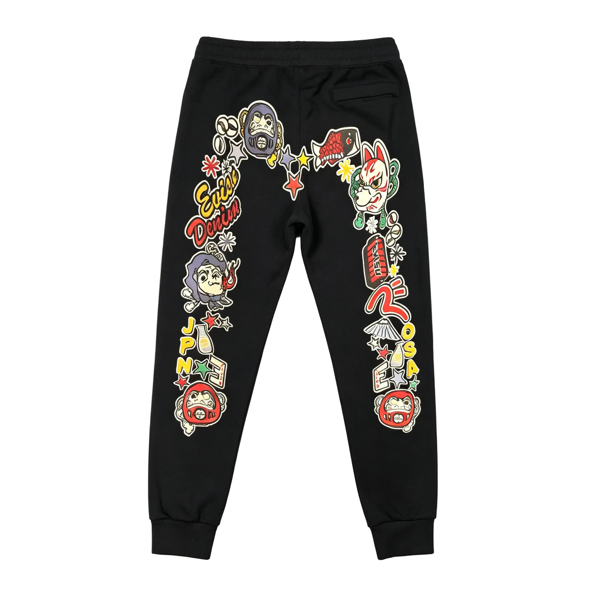 Evisu Kuro Denim Kitsune Daruma Sticker Collage M-Logo Graphic Jogger Sweatpants
