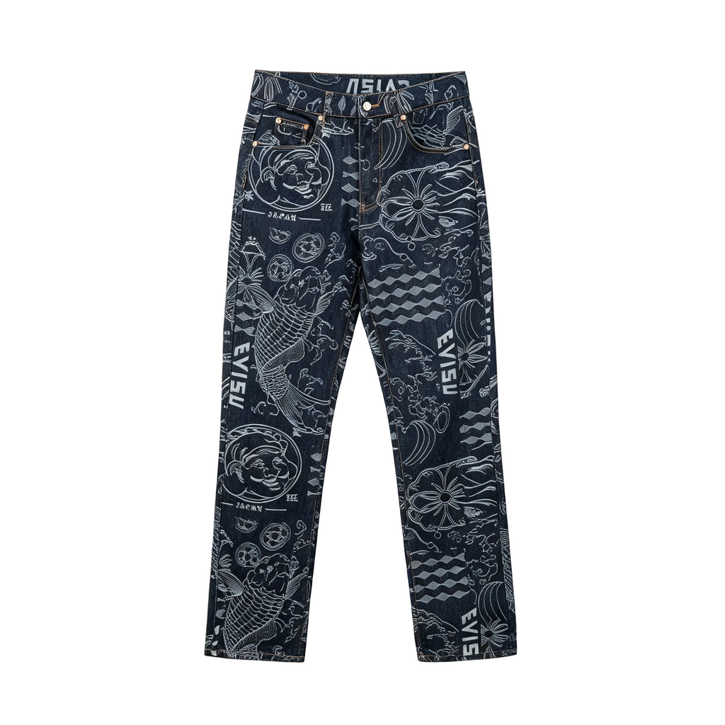 Evisu Kuro Wagara Allover Jacquard Print Seagull Logo Selvedge Jeans