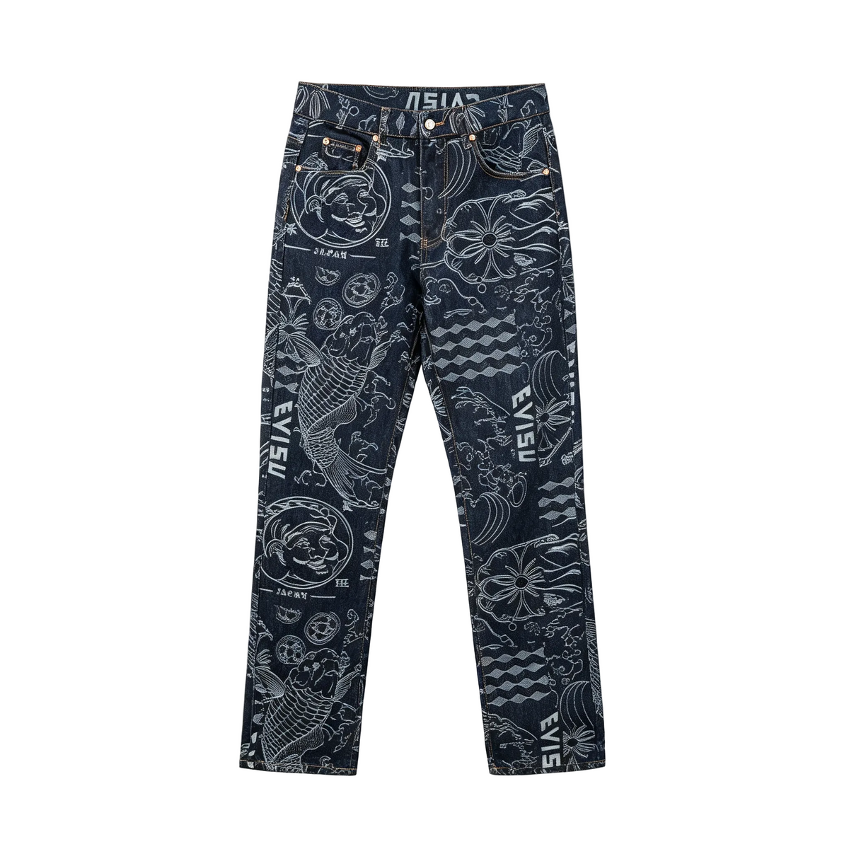 Evisu Kuro Wagara Allover Jacquard Print Seagull Logo Selvedge Jeans