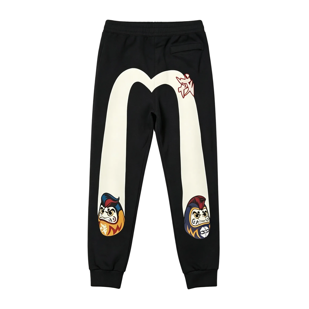 Evisu Kuro Cream M-Seagull Dual Daruma & Kitsune Graffiti Graphic Jogger Sweatpants