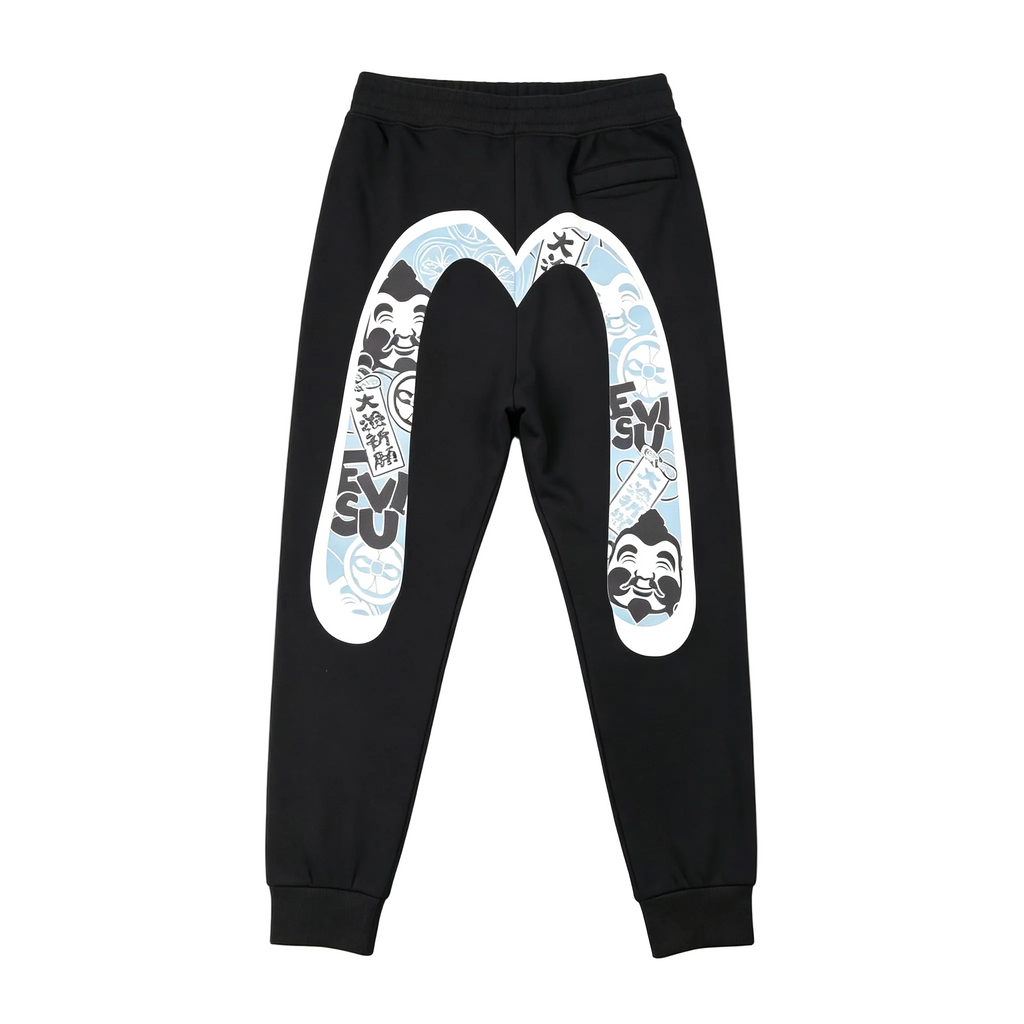 Evisu Kuro Daruma Tairyo Kigan Ice Blue M-Logo Graphic Jogger Sweatpants