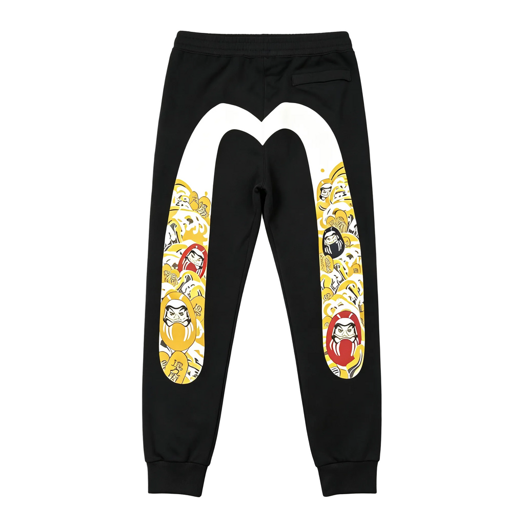 Evisu Kuro Daruma & Gold Coin Allover M-Seagull Jogger Sweatpants with Blue Bubble Graffiti Logo