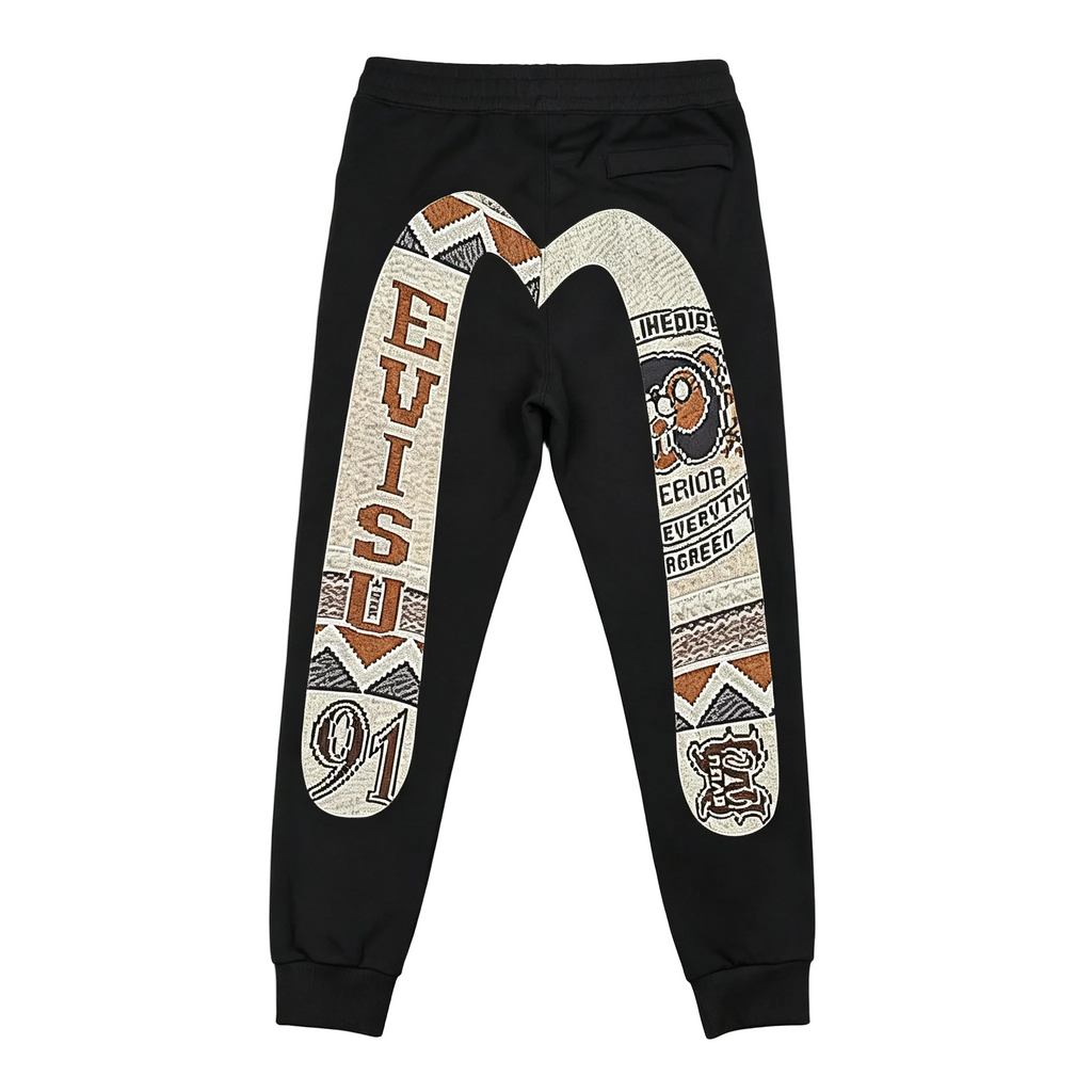 Evisu Kuro Pixel Patchwork Chenille M-Logo Gold Embroidery Jogger Sweatpants