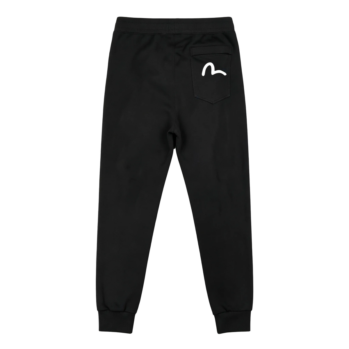 Evisu Kuro Daruma Face Jogger Sweatpants — Line-Art Front & Oversized M-Seagull Back