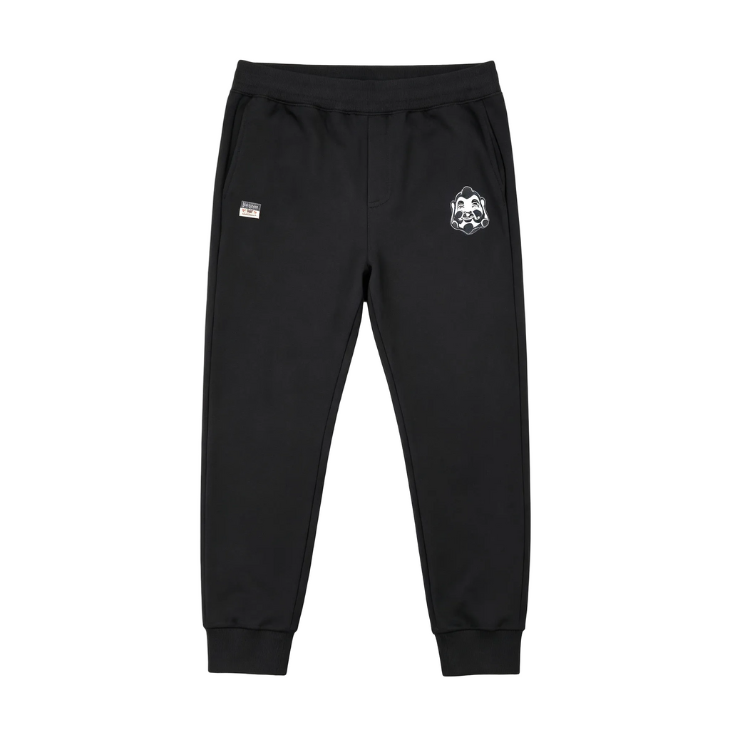 Evisu Kuro Daruma Face Jogger Sweatpants — Line-Art Front & Oversized M-Seagull Back