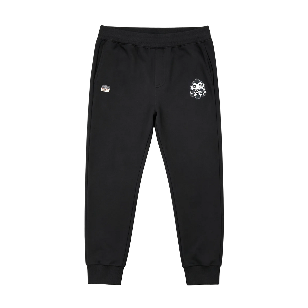 Evisu Kuro Daruma Face Jogger Sweatpants — Line-Art Front & Oversized M-Seagull Back