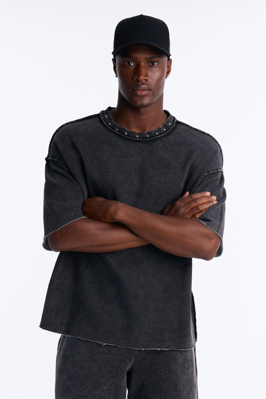 Oversized Punk Washed Raw Edge Studded Fleece Tee - Black image 1