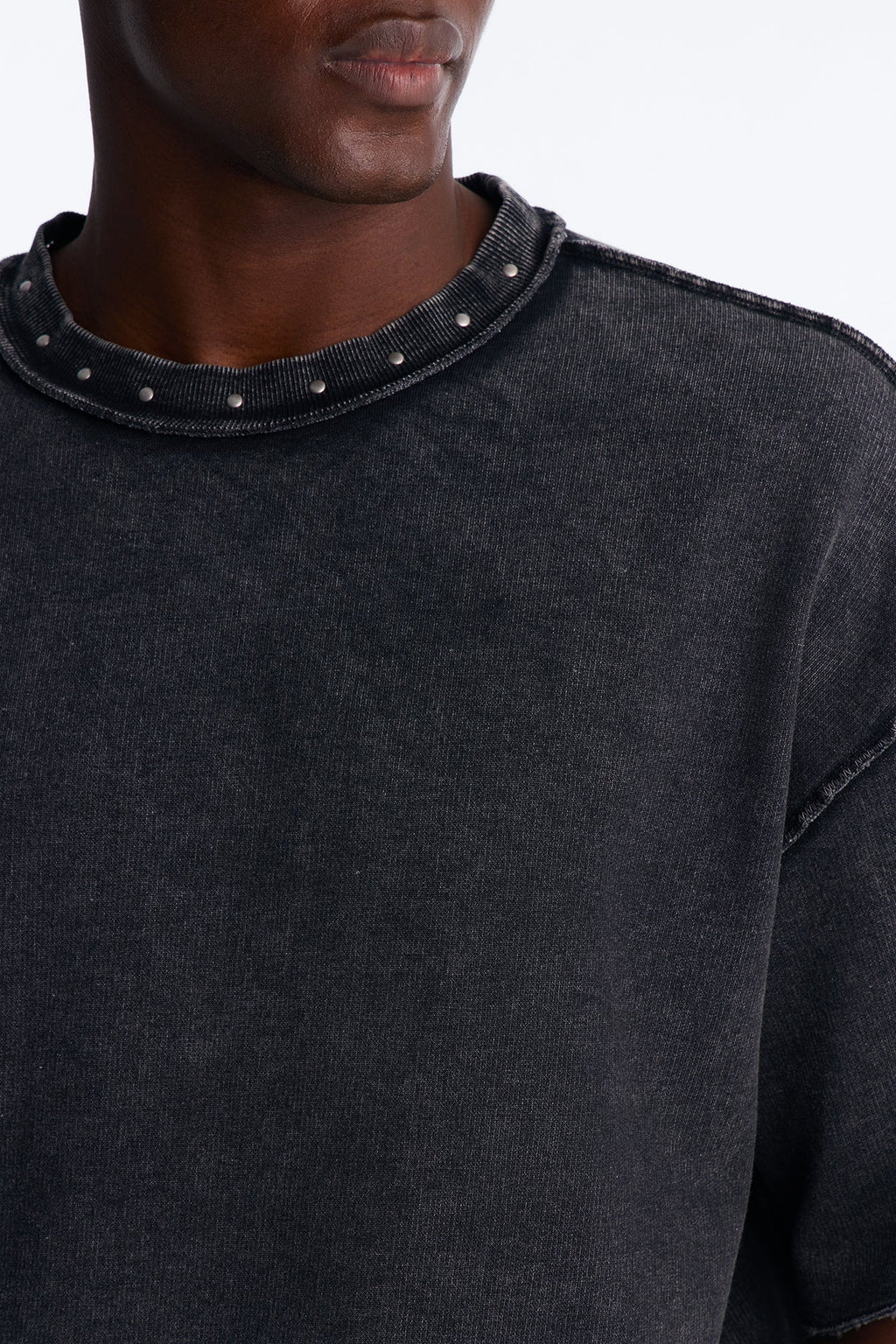 Oversized Punk Washed Raw Edge Studded Fleece Tee - Black image 3