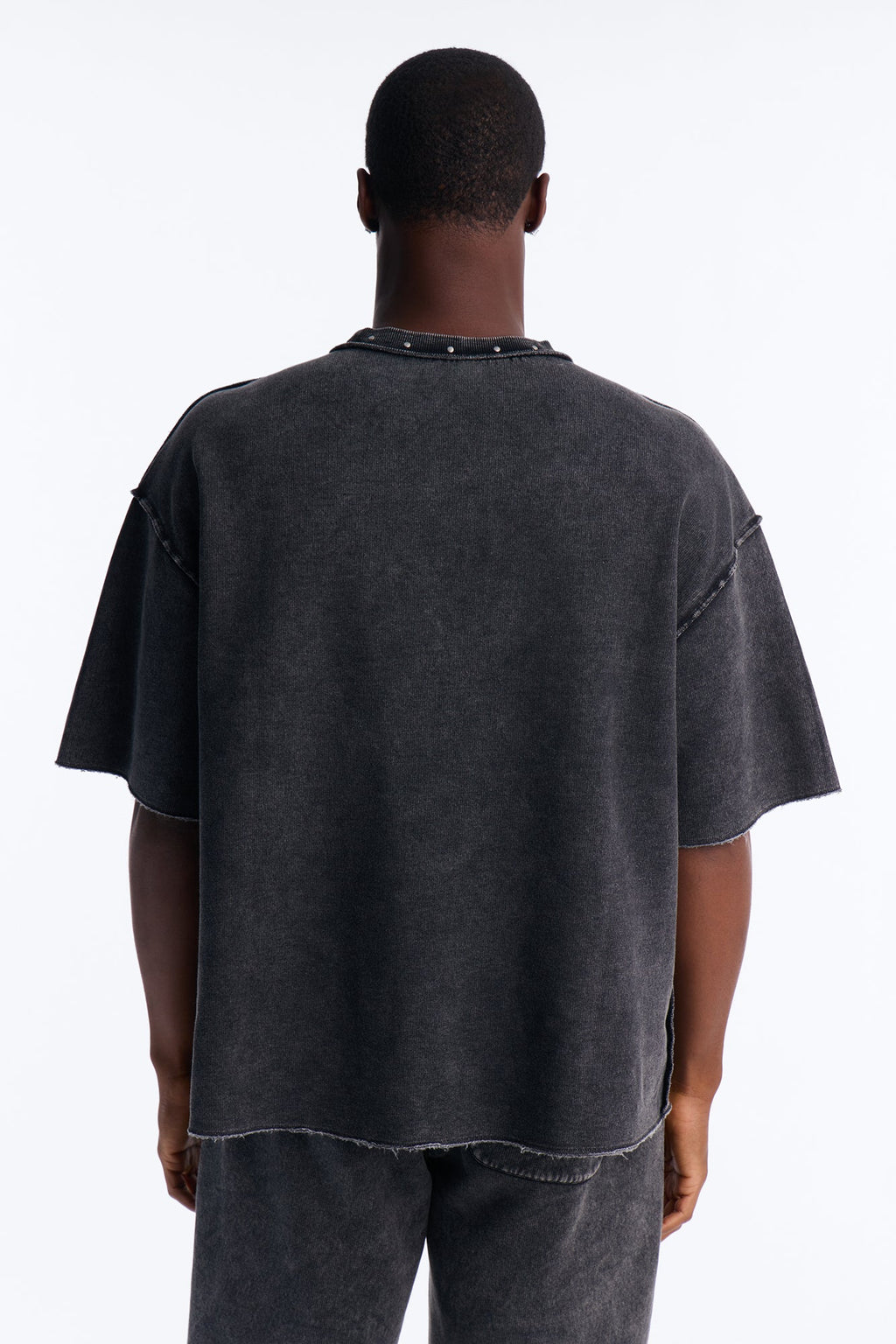 Oversized Punk Washed Raw Edge Studded Fleece Tee - Black image 4