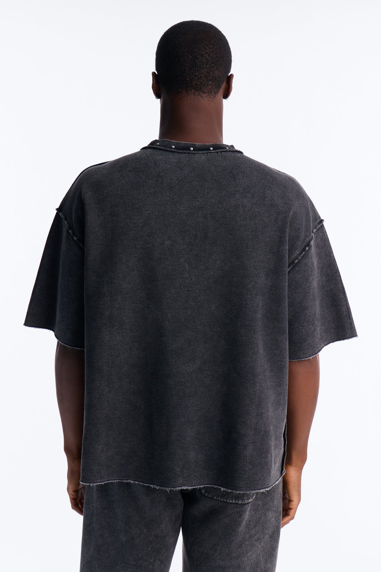 Oversized Punk Washed Raw Edge Studded Fleece Tee - Black image 4