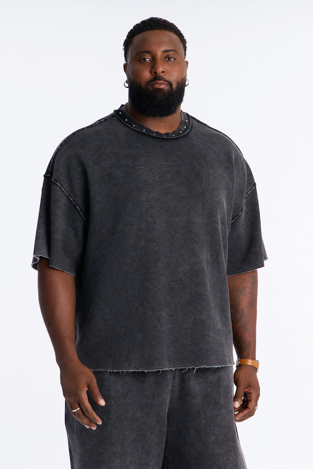 Oversized Punk Washed Raw Edge Studded Fleece Tee - Black