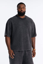 Oversized Punk Washed Raw Edge Studded Fleece Tee - Black