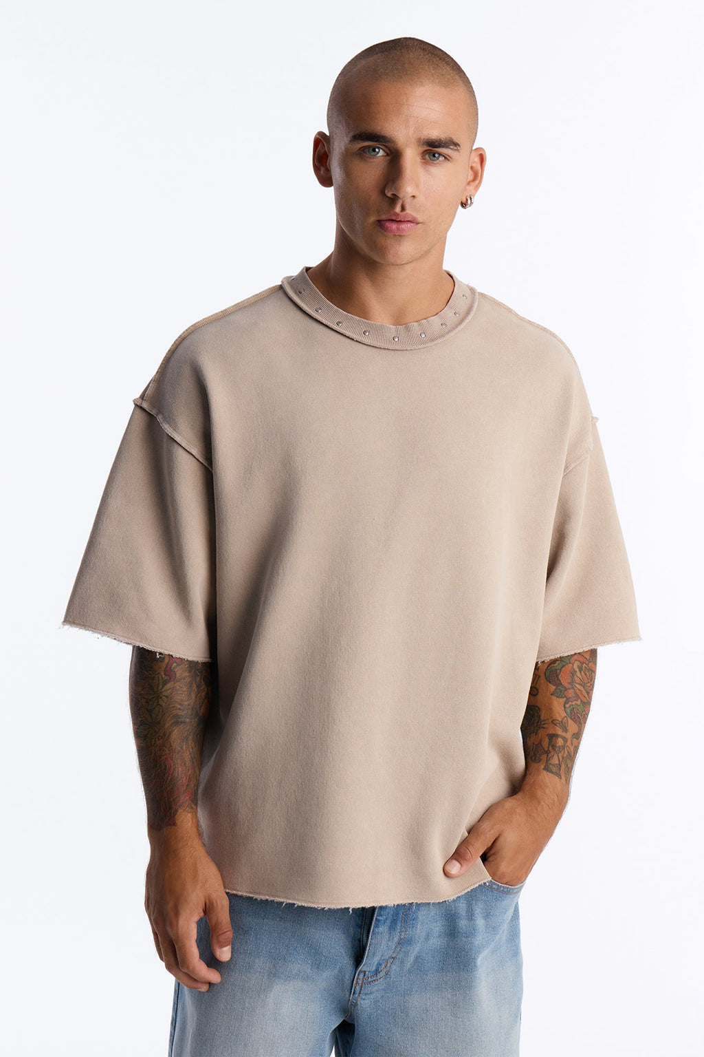 Oversized Punk Washed Raw Edge Studded Fleece Tee - Stone image 1