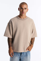 Oversized Punk Washed Raw Edge Studded Fleece Tee - Stone image 1