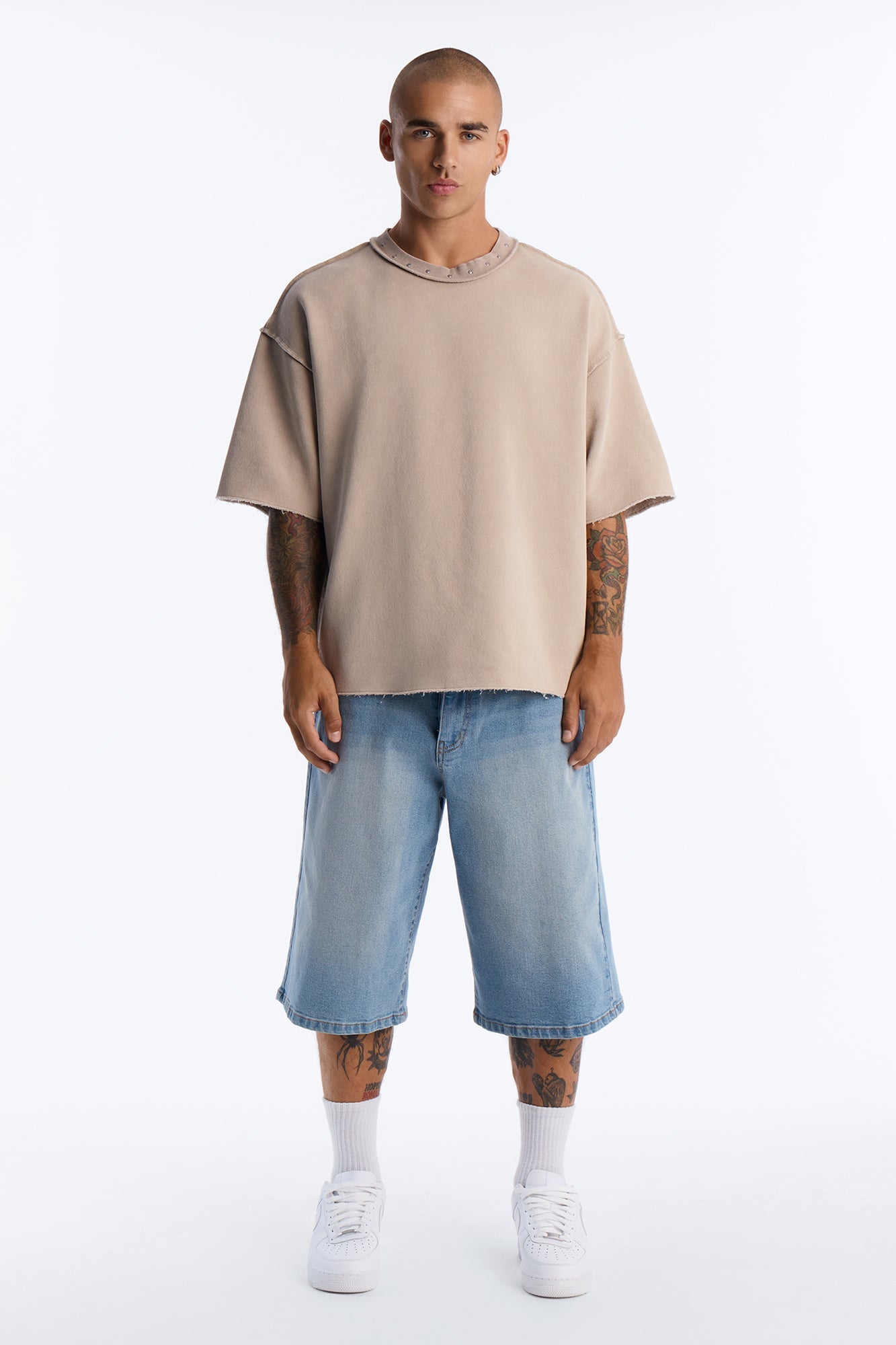 Oversized Punk Washed Raw Edge Studded Fleece Tee - Stone image 2