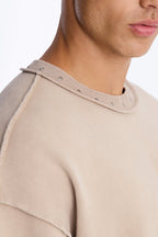 Oversized Punk Washed Raw Edge Studded Fleece Tee - Stone image 3