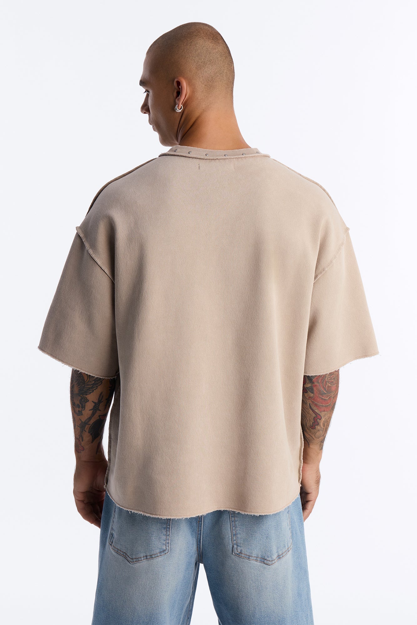 Oversized Punk Washed Raw Edge Studded Fleece Tee - Stone image 4