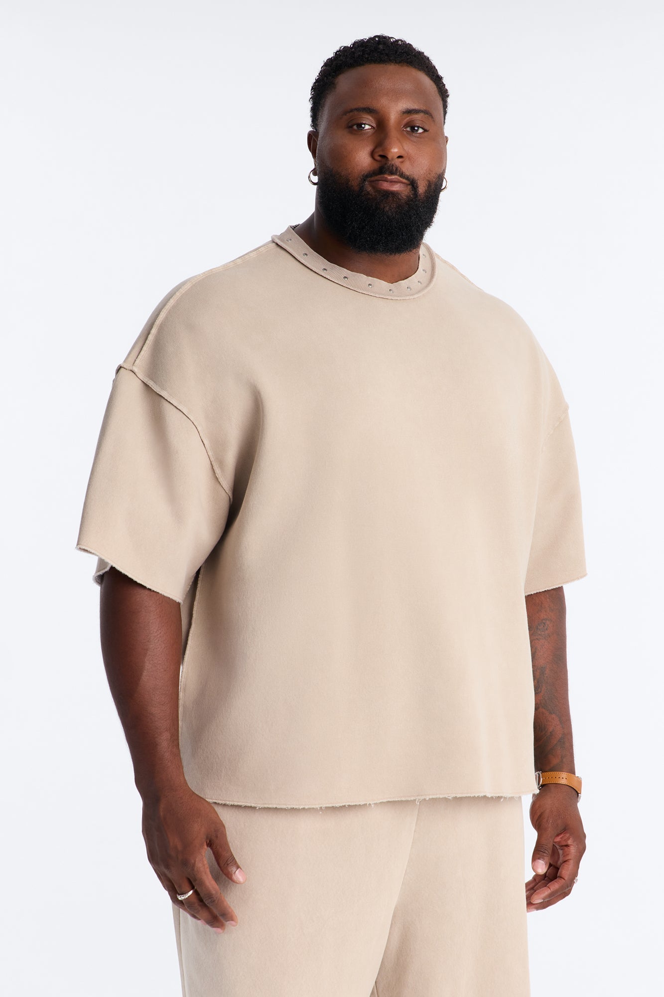 Oversized Punk Washed Raw Edge Studded Fleece Tee - Stone