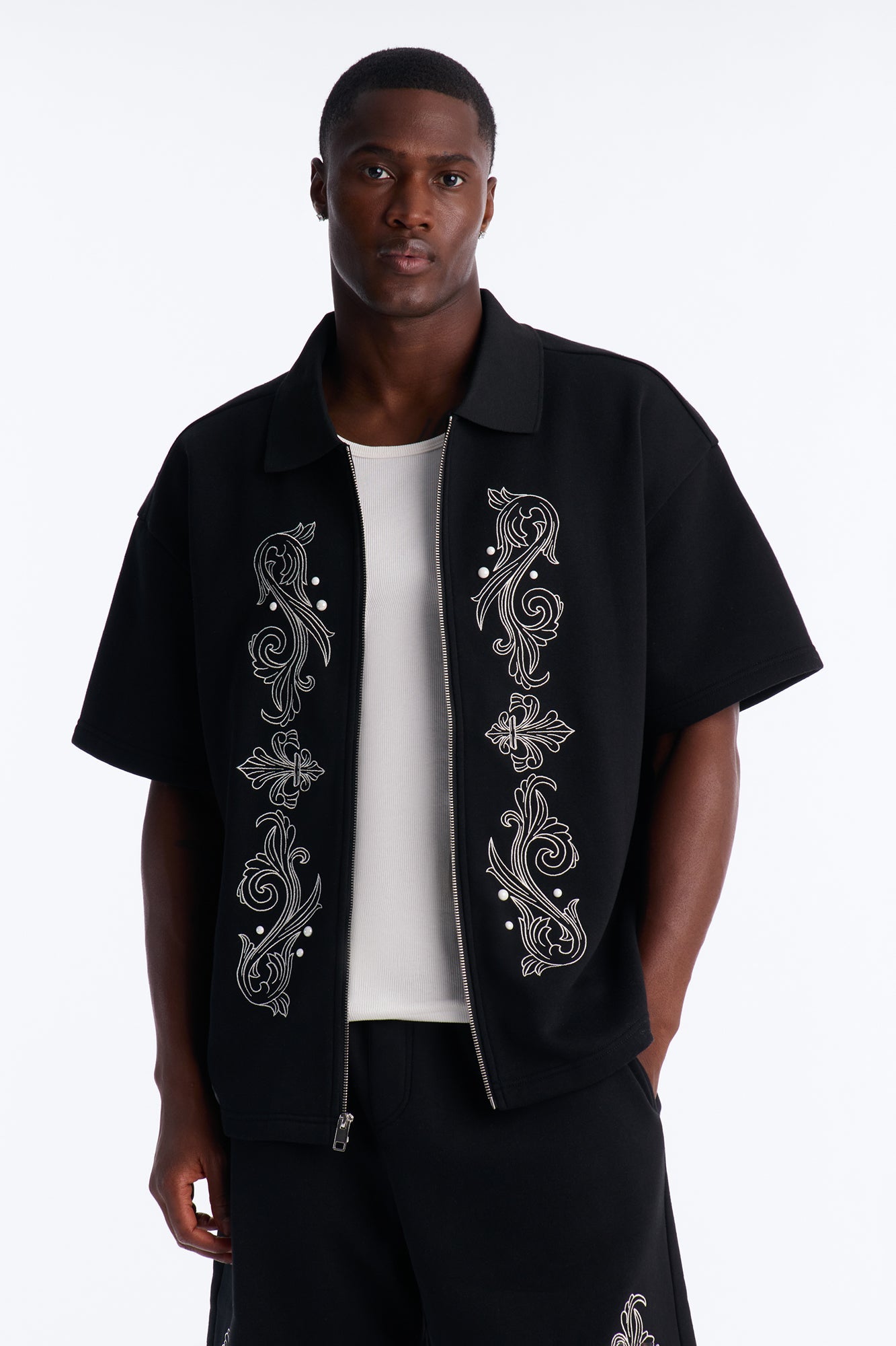 Oversized Royalty Pearl Embroidered Full Zip Polo - Black image 1