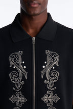 Oversized Royalty Pearl Embroidered Full Zip Polo - Black image 3