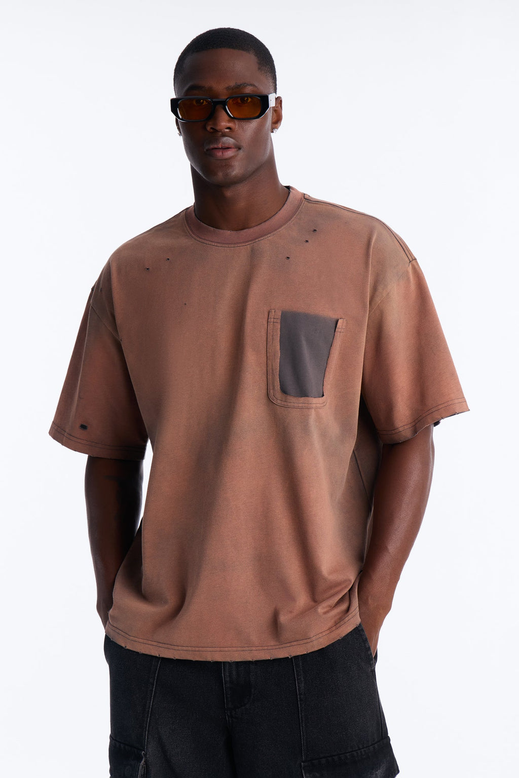 Inverse Pocket Wash Destructed Tee - Washed Brown image 1