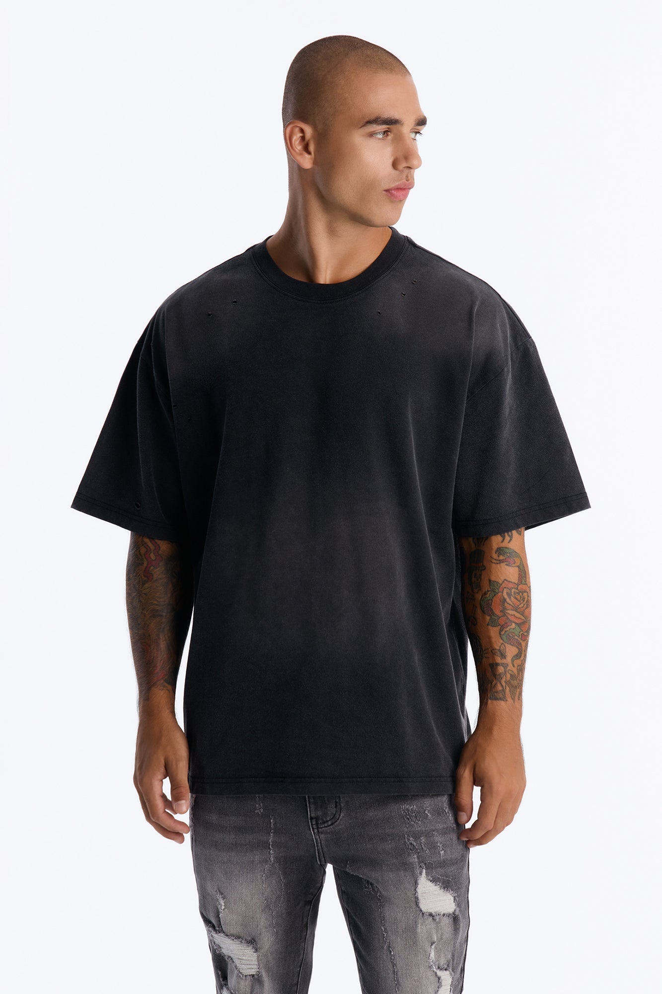 Washed Down Destructed Crewneck Tee - Washed Black image 1