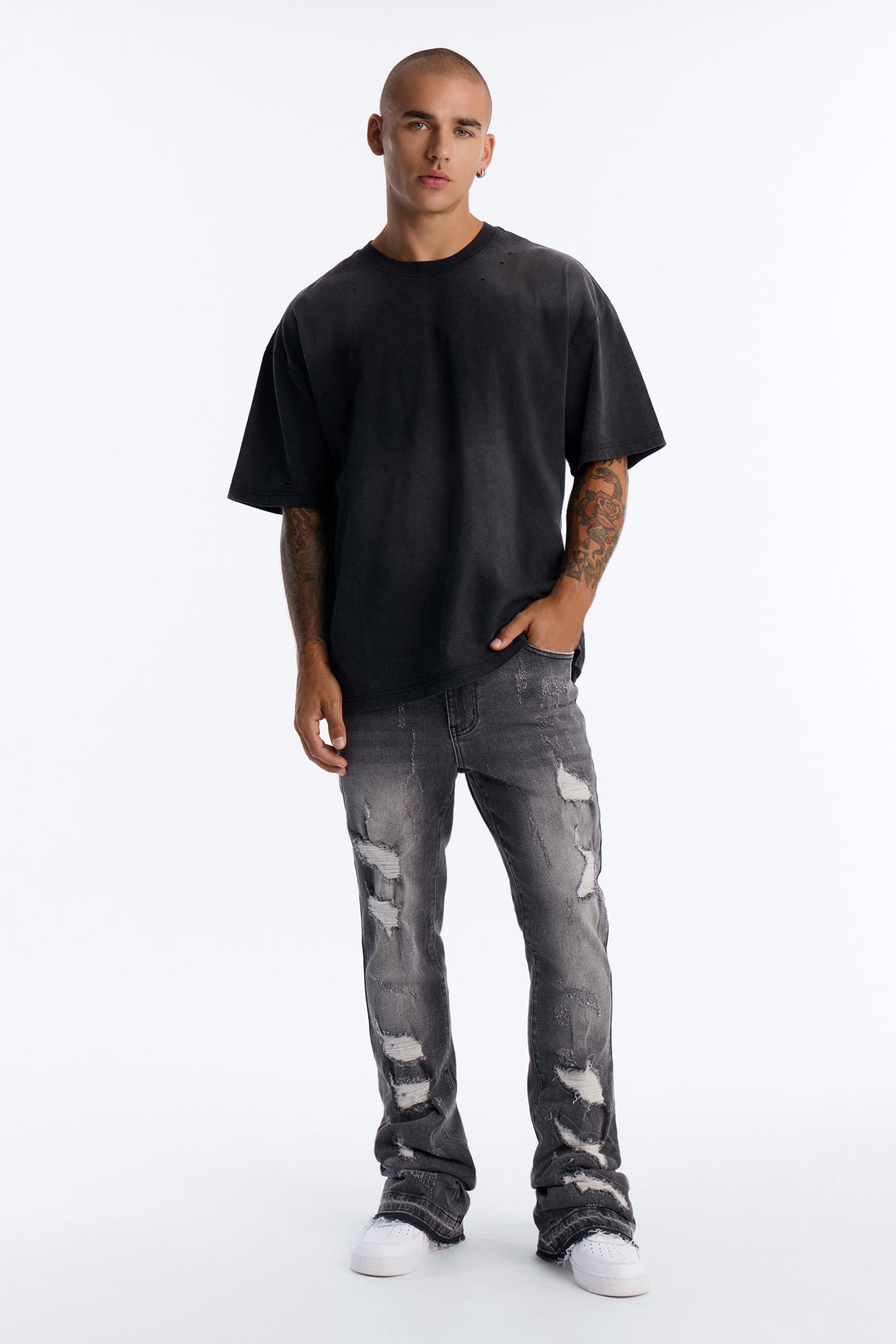 Washed Down Destructed Crewneck Tee - Washed Black image 2