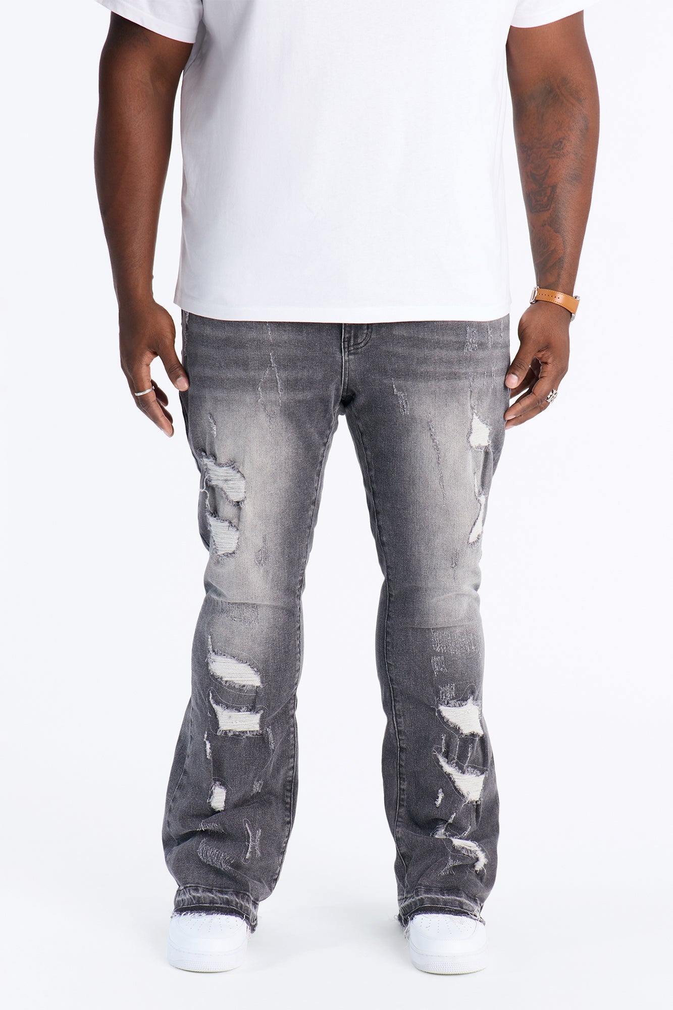 Cuff Me Stacked Skinny Flared Jeans - Grey image 2